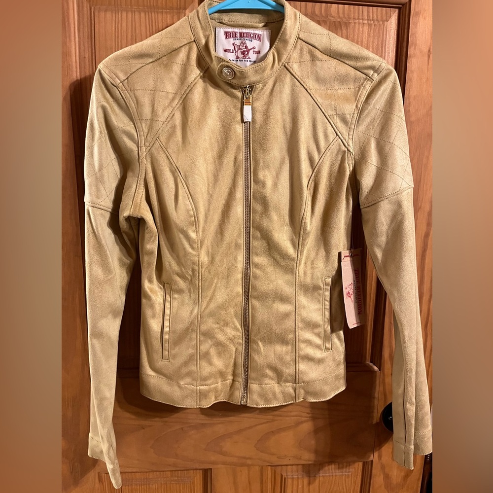 True Religion Women’s Gold Suede Leather Bomber Jacket Size Small NWT